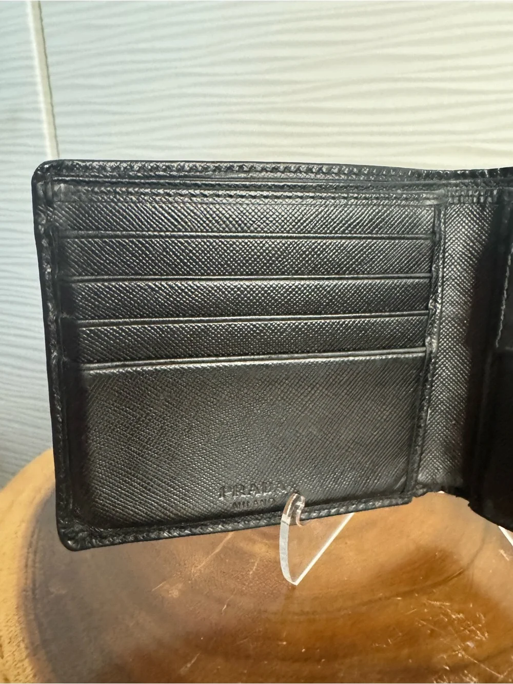 Vintage preloved Prada Black Saffiano Leather Men's Bi-Fold Wallet with Logo
